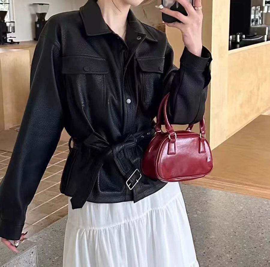 17-1-DQ新款气质收腰皮衣外套