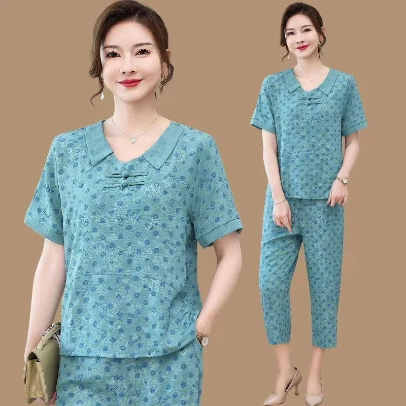 9302-妈妈夏装短袖气质印花小衫时尚显瘦T恤两件套【A仓西楼梯】