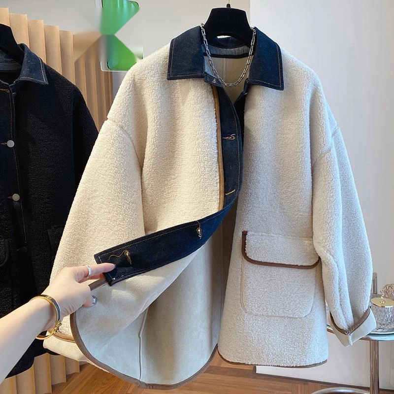 2025新款韩版宽松牛仔拼接外套女秋冬今年流行皮毛一体上衣休闲