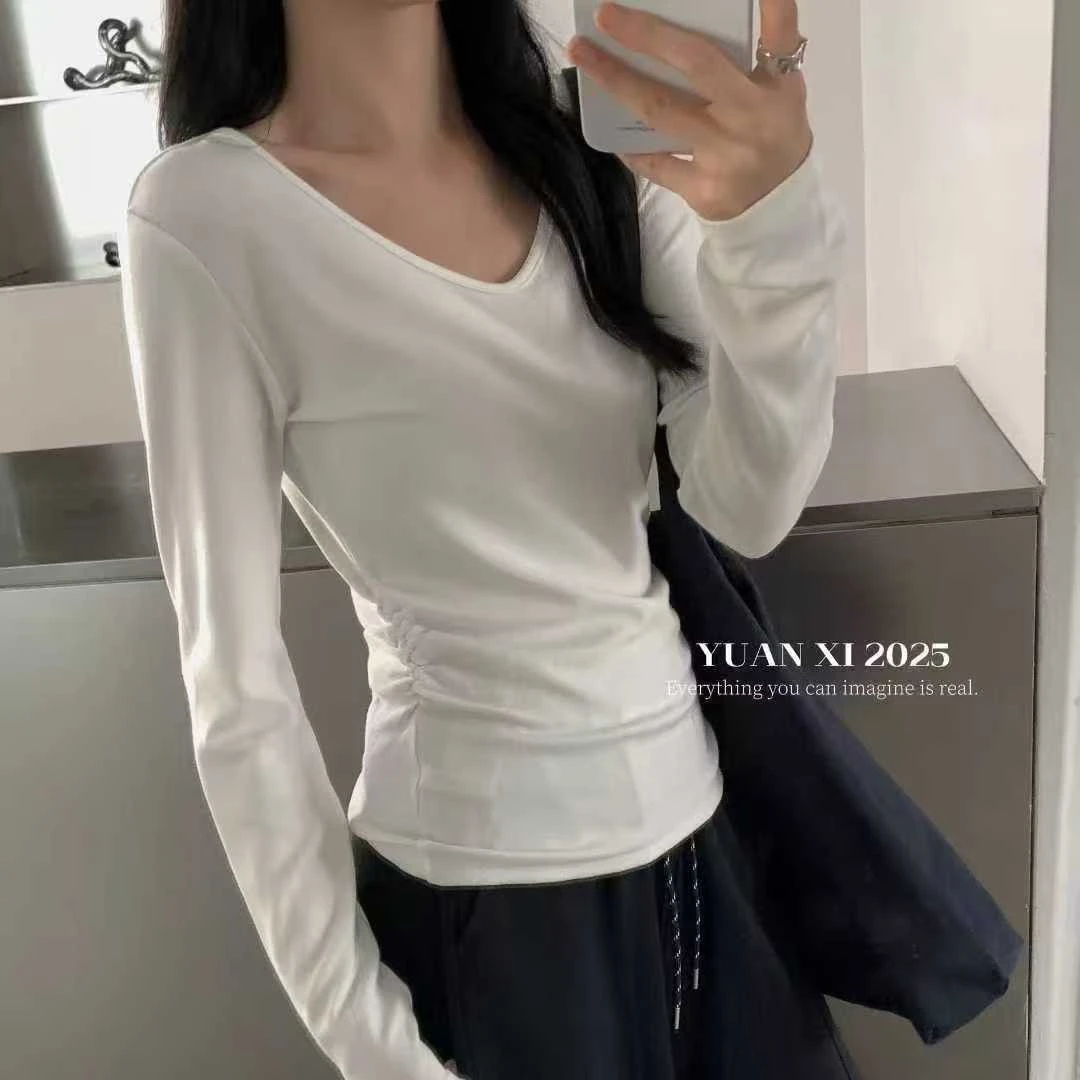 【婷姐家】6010欧货慕斯镂空露背V领收腰长袖T恤