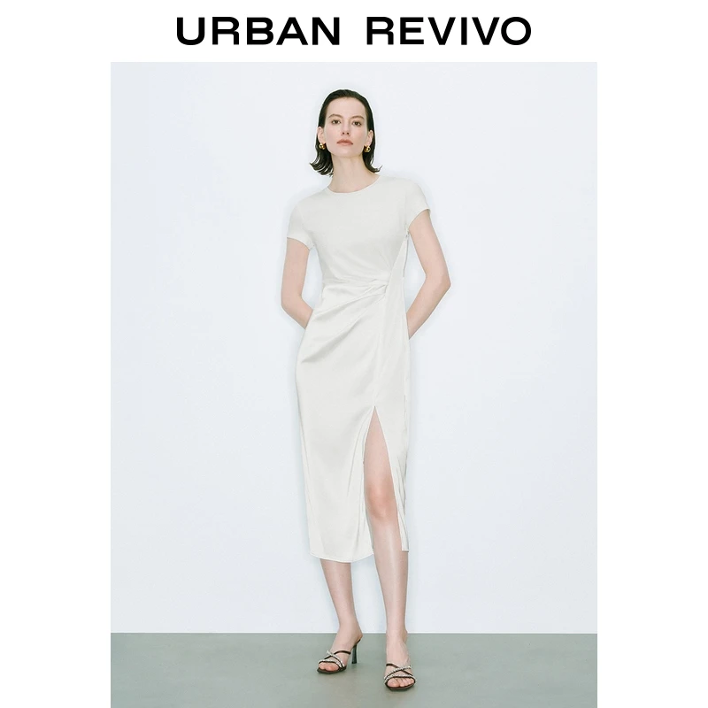 【HOT】UR2025夏季新款女装通勤轻熟风褶皱开衩短袖连衣裙UWM750078