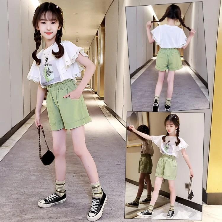 女童夏季新款套装洋气时髦中大童韩版花边短袖T恤休闲短裤两件套