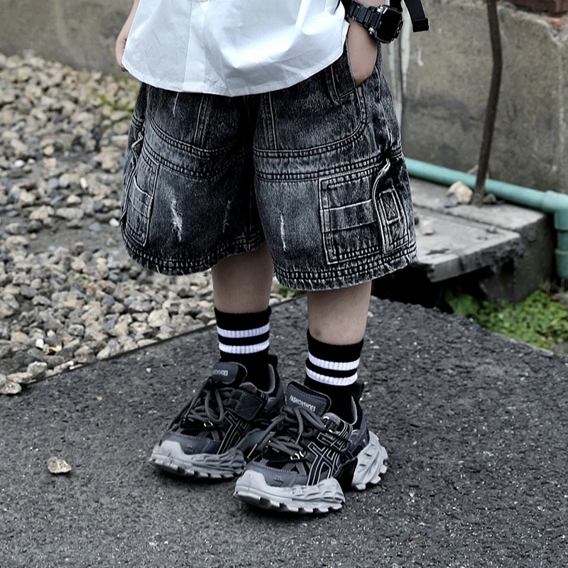 【现货】Jimmy妈童品 潮酷必备 夏季儿童设计师款拼接水洗牛仔短裤