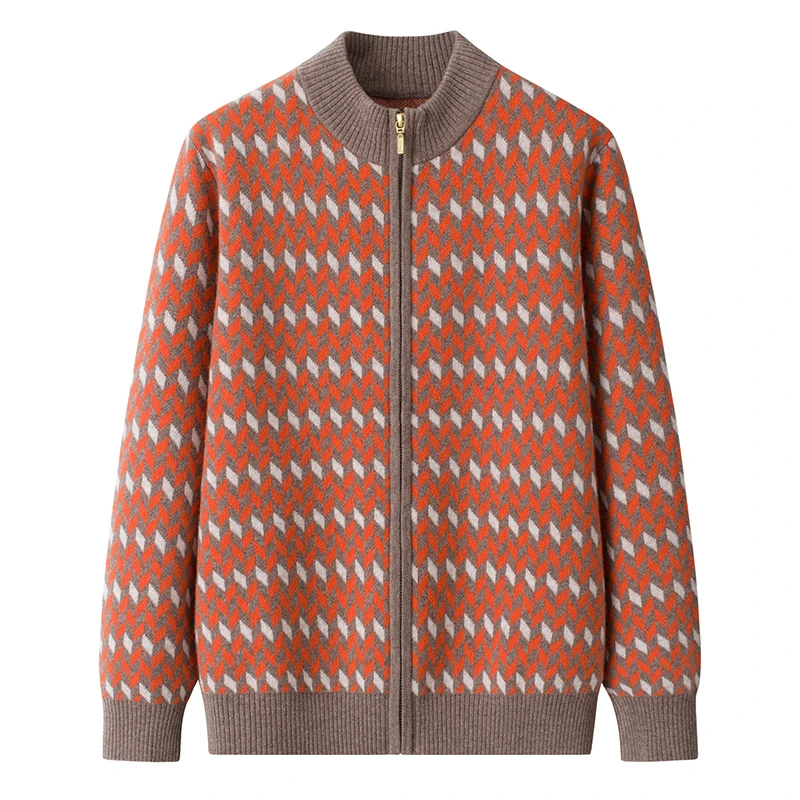 中老年妈妈装纯羊毛衫女开衫半高领拉链加厚保暖格子宽松毛衣外套