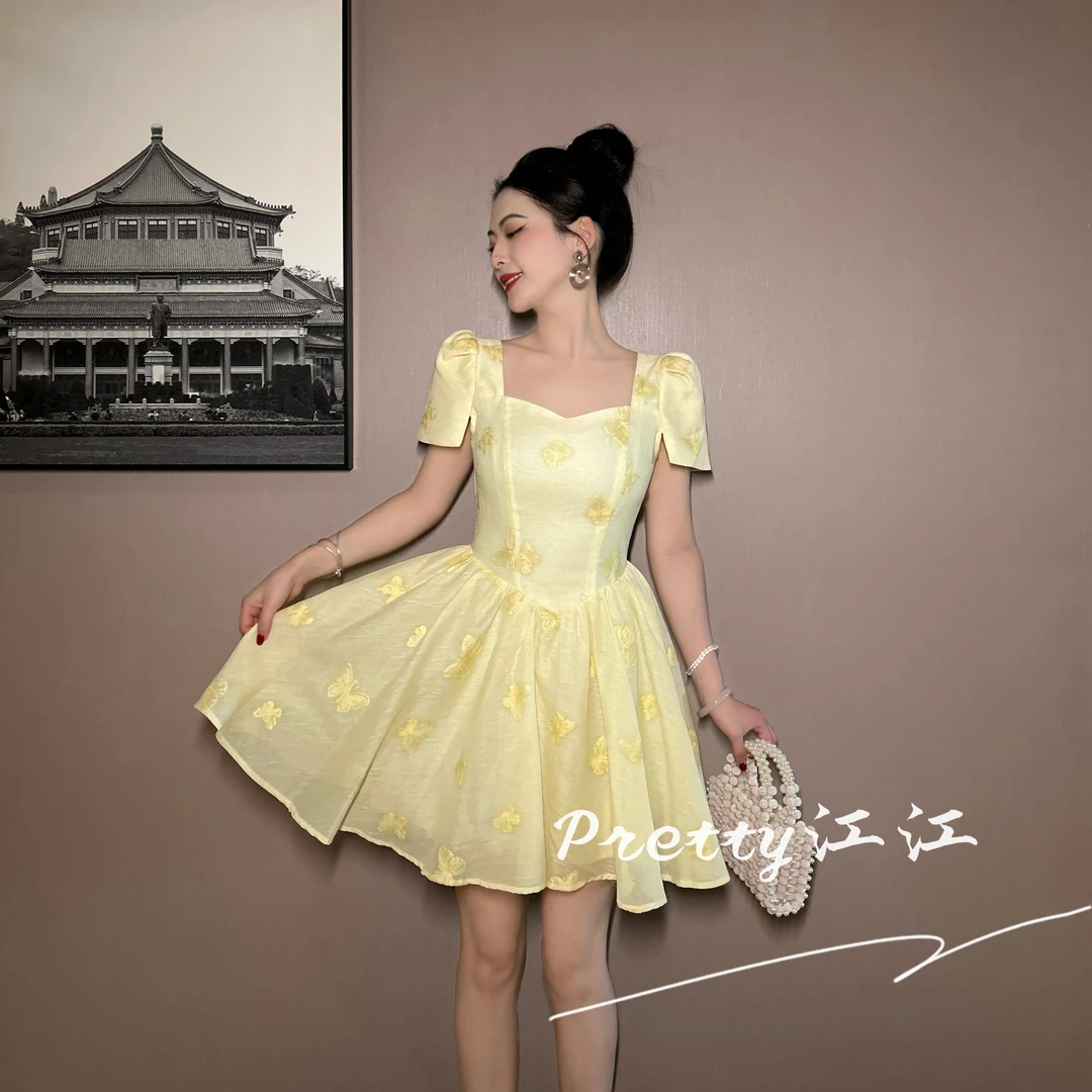 Pretty小众设计师品牌江江定制 法式减龄方领小众生日连衣裙15496