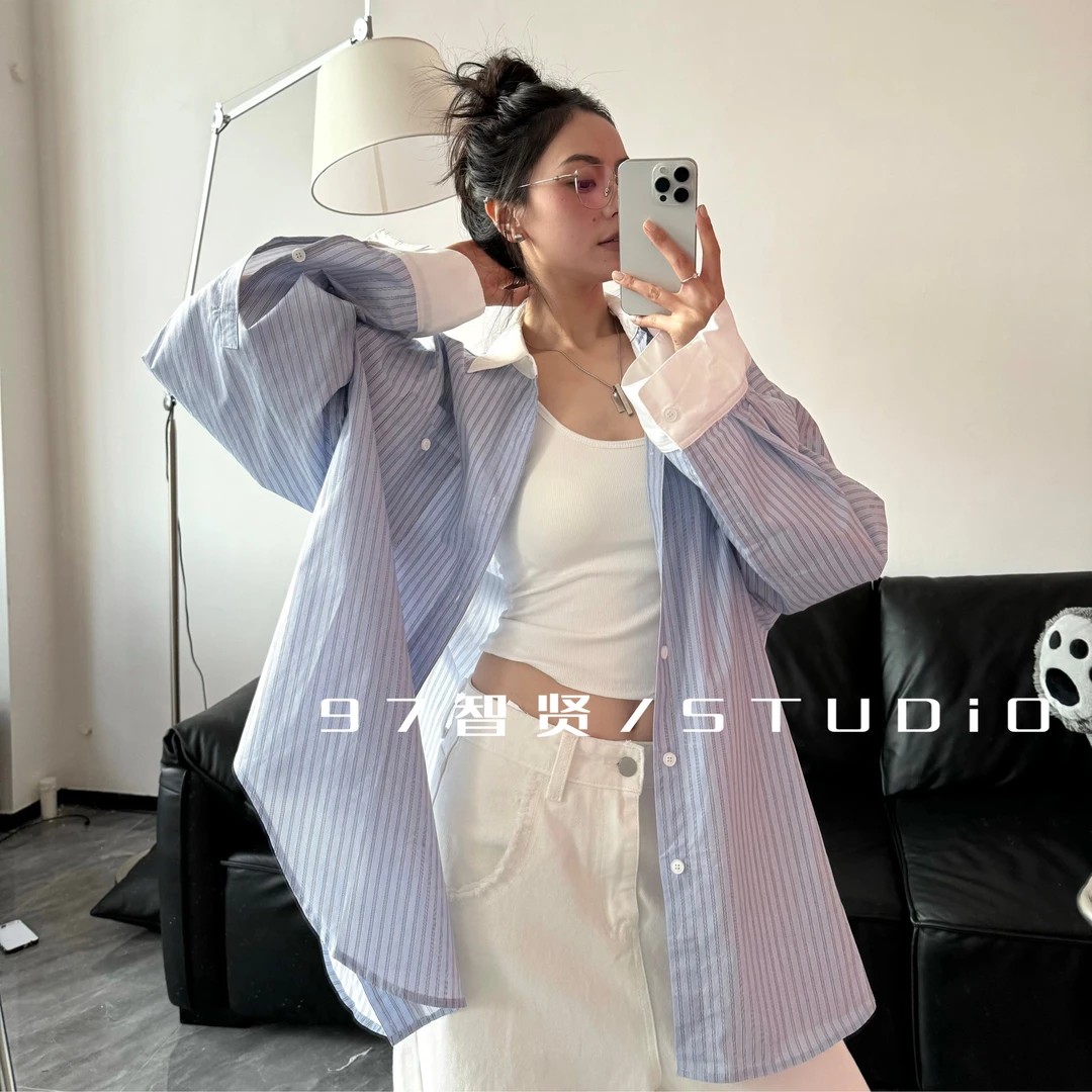 智贤 【蓝条纹拼色ins风大版衬衫】