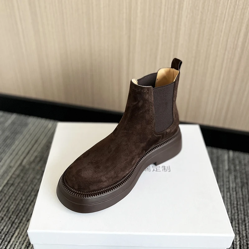 现货】599/4cm羊皮短靴女百搭真皮厚底增高休闲复古潮流及踝马丁靴