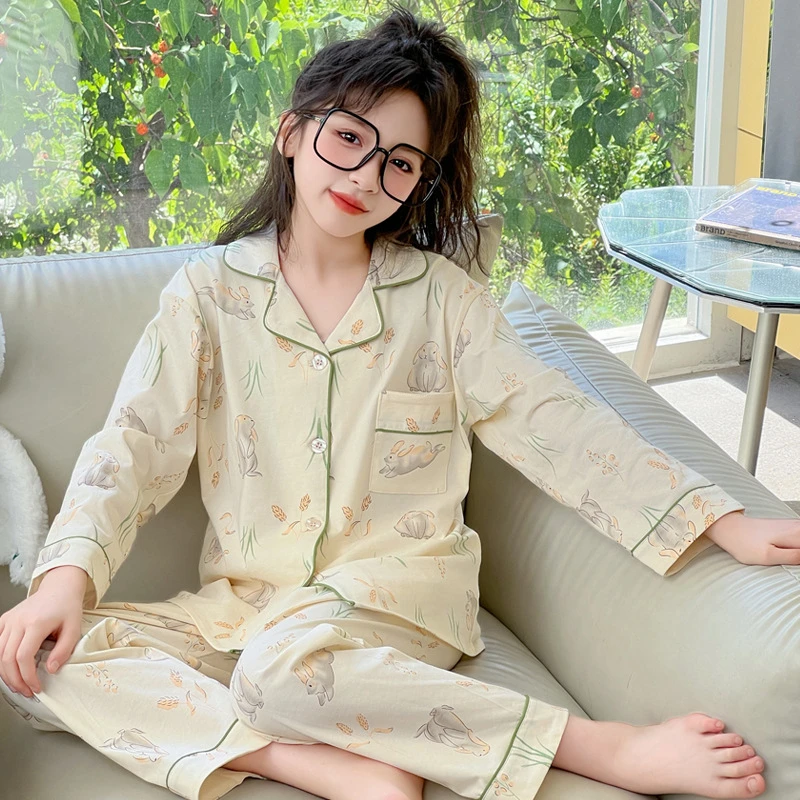 女大童睡衣A类纯棉长袖薄款春秋亲子儿童全棉家居服2025新款套装