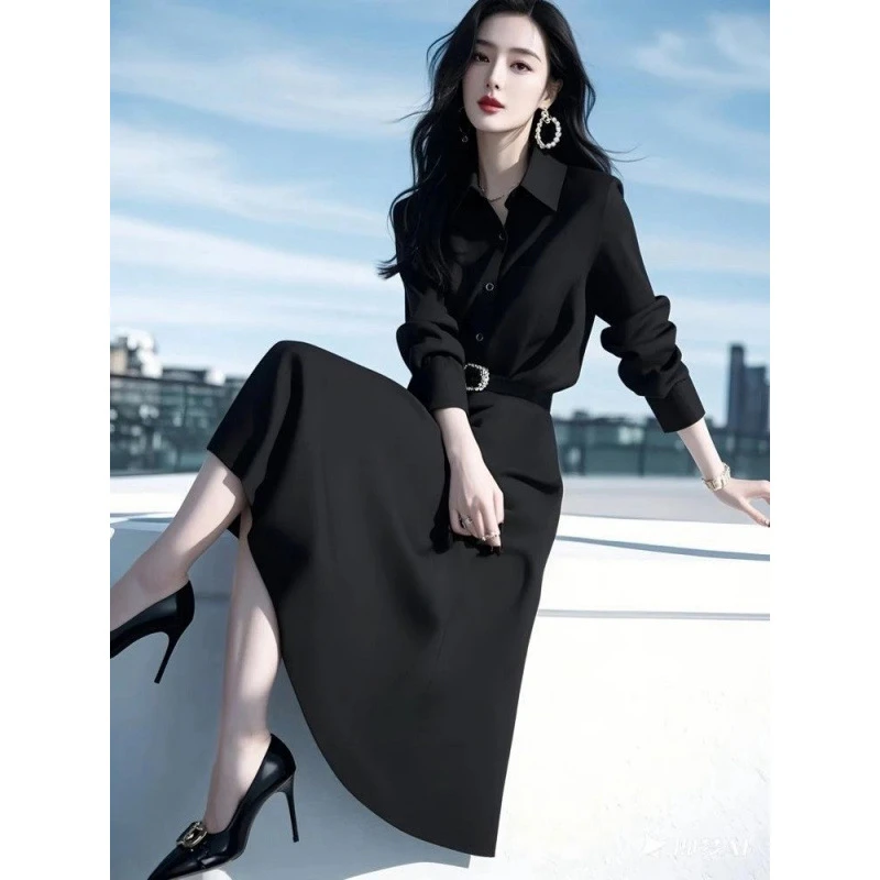 2025春秋气质女神范时尚高级感端庄大气正式场合气质黑色连衣裙女