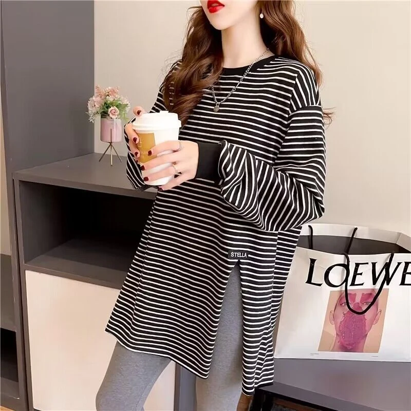 【严选好物】春秋长袖开叉t恤女中长款宽松休闲时尚条纹百搭上衣162