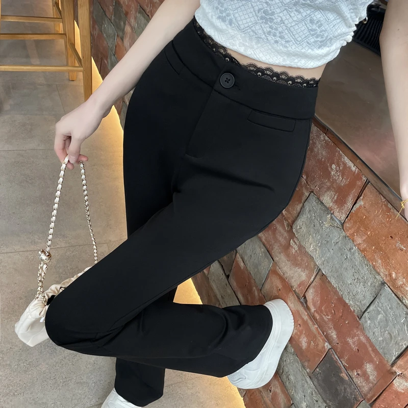 蕾丝拼接微喇裤女高腰修身显瘦黑色裤子显高喇叭西装裤高级感垂感