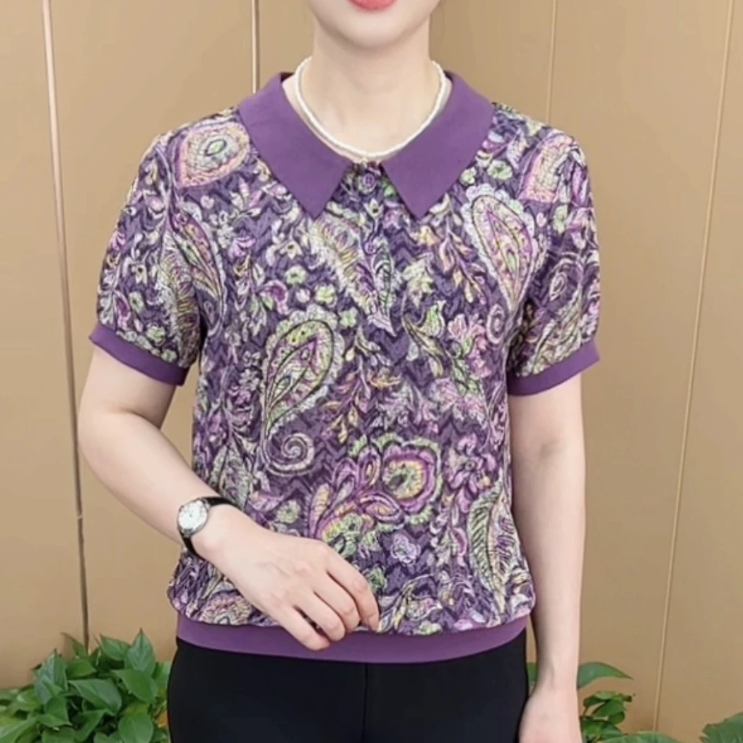 夏季新款时尚翻领印花洋气妈妈装宽松显瘦休闲百搭短袖上衣K682