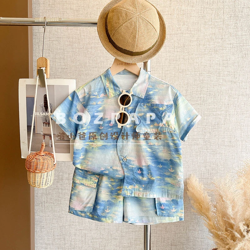 现货【莫奈睡莲】2025夏新款韩版洋气男童油画感不规则衬衫套装