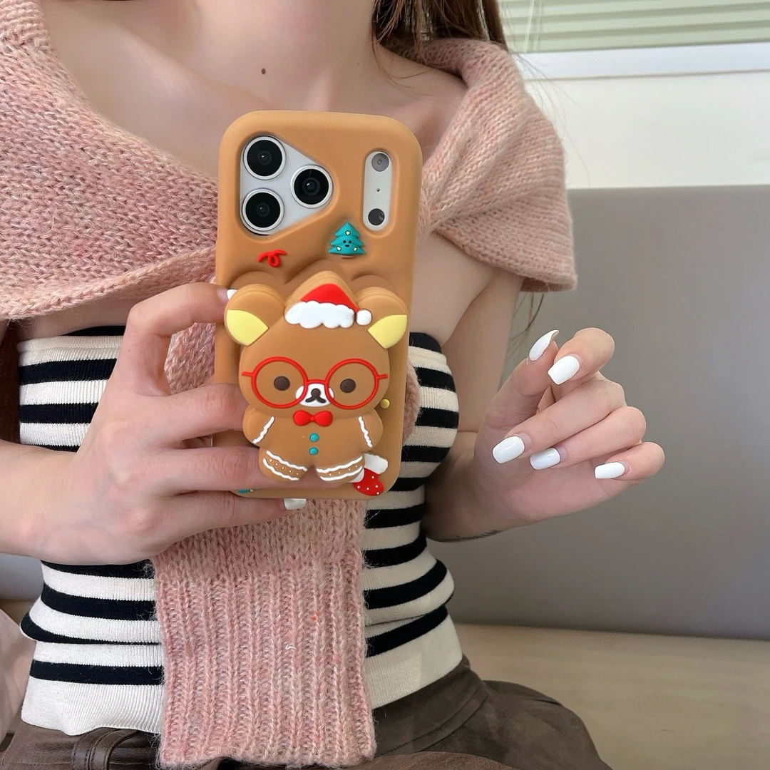 卡通可爱圣诞节小熊支架iphone17苹果16适用14/15pro max手机壳13