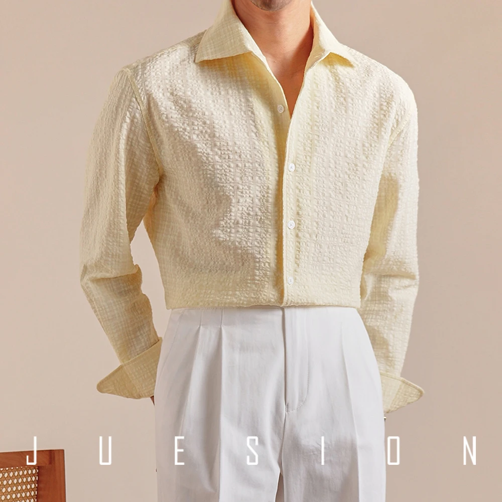 【透气泡泡棉纱】JUESION 一片领长袖衬衫男轻薄清凉纯色宽松衬衣