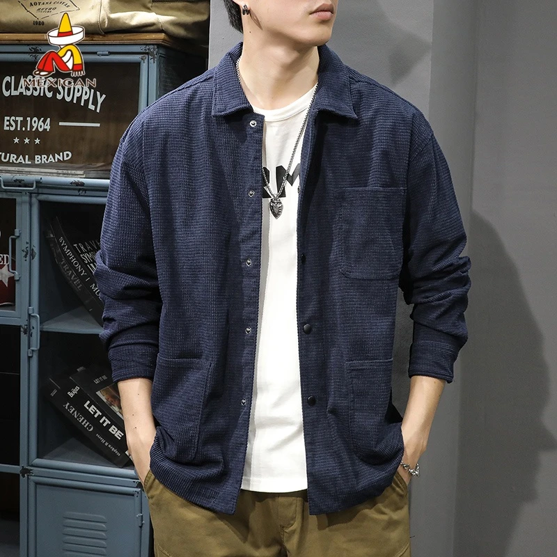 Mexican/稻草人春季华夫格长袖衬衫男款潮牌休闲男士翻领工装衬衣