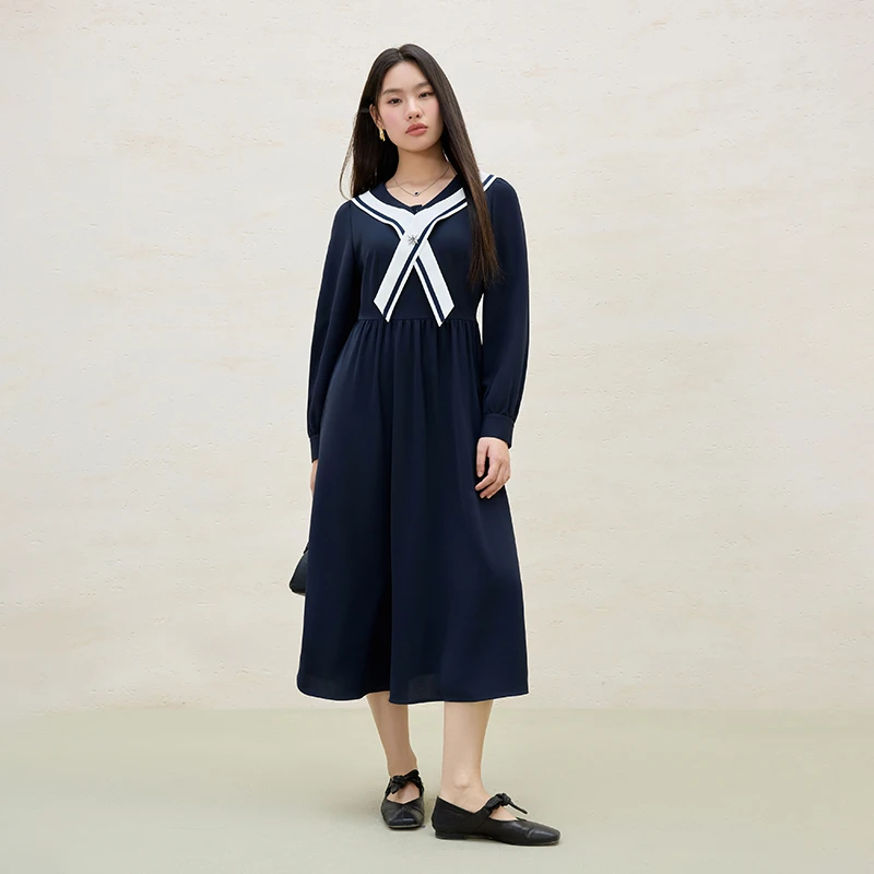 独束微胖大码女装学院风微胖m撞色海军领显瘦长袖连衣裙2S81168