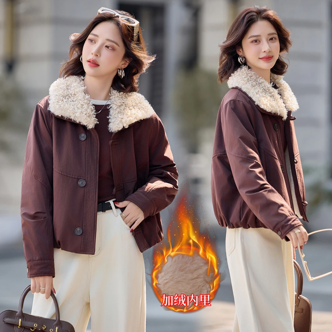 2025秋冬季新款女士韩版羊羔毛领拼接加绒派克服宽松显瘦保暖外套