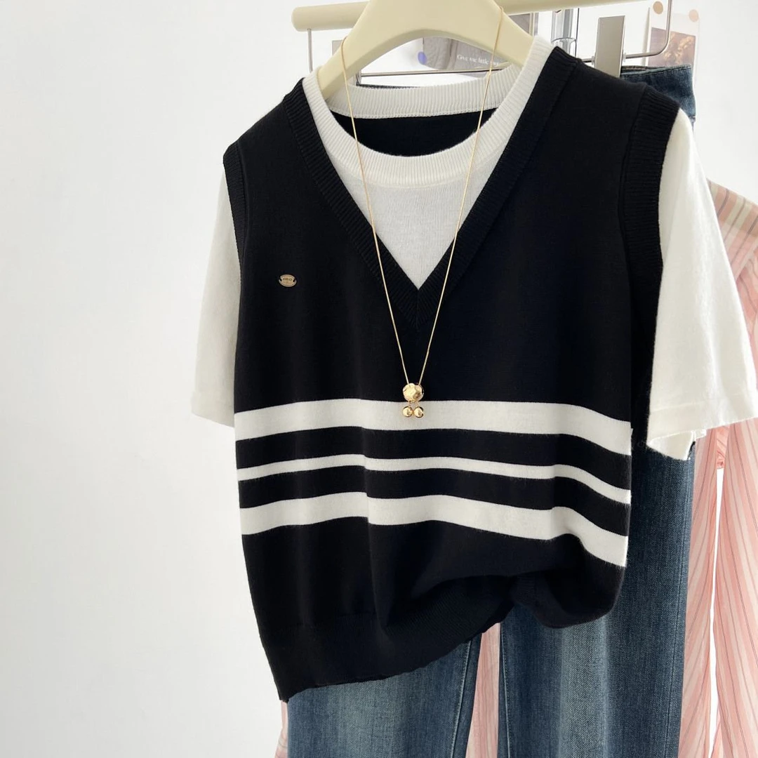 假两件条纹夏季短袖上衣女新款百搭圆领冰丝上衣宽松大码休闲小衫