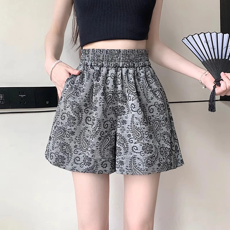 印花阔腿短裤女2025夏季爆款复古松紧腰潮流显瘦小个子直筒五分裤