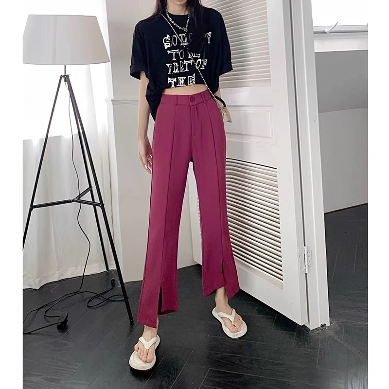 JH52带口袋夏季不规则开叉裤脚九分小个子西装裤女 522#