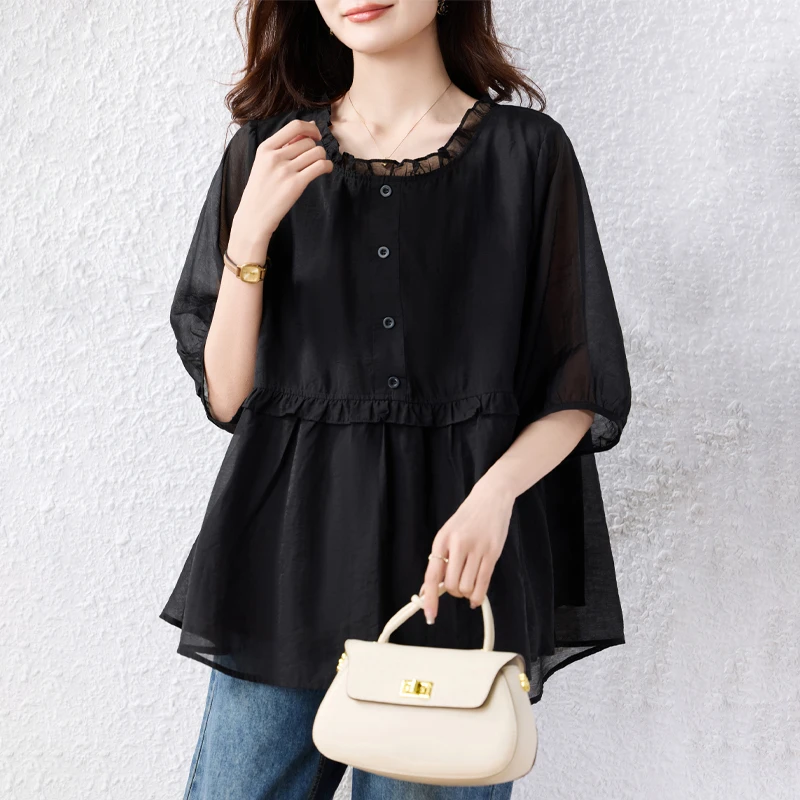 2025新款黑色气质短袖衬衫女士夏季夏装时尚宽松百搭小衫大码上衣