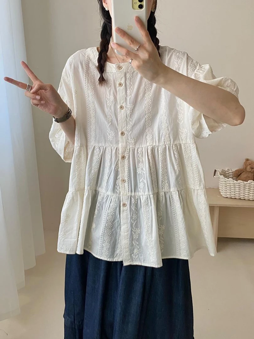 短袖圆领夏季刺绣欧若风减龄衬衫褶皱衬衫