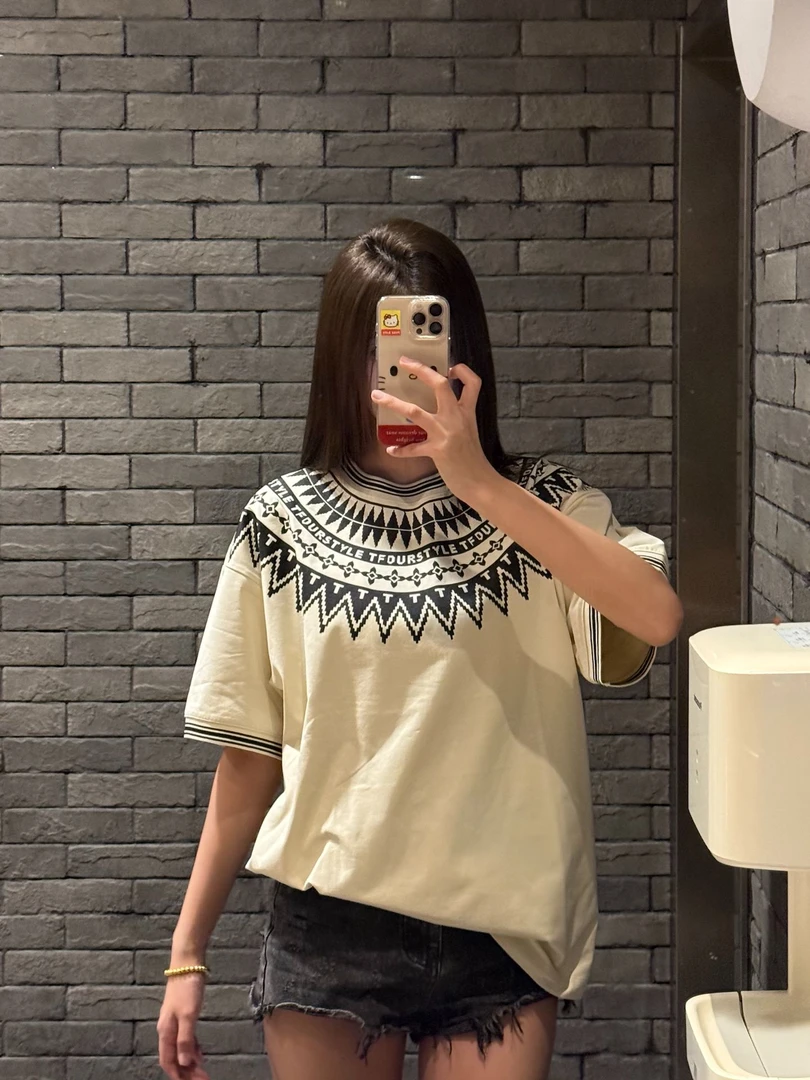 美式复古费尔岛印花短袖T恤男女同款宽松休闲半袖上衣服国潮牌