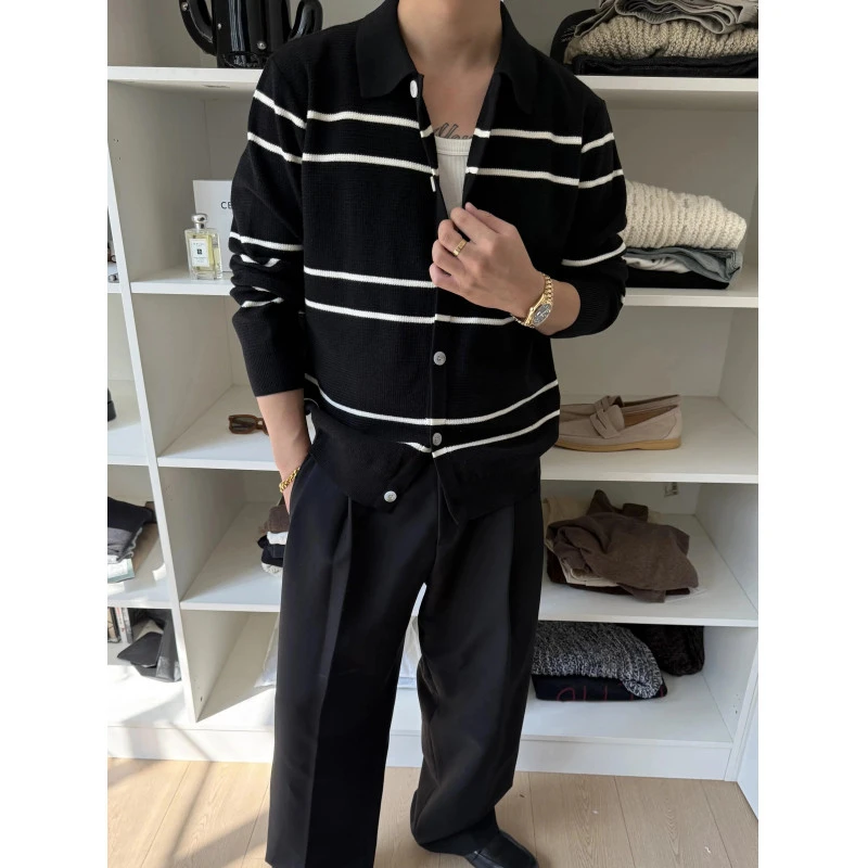 老钱风黑色条纹针织开衫男款雅痞风POLO领毛衣新贵风痞帅针织外套