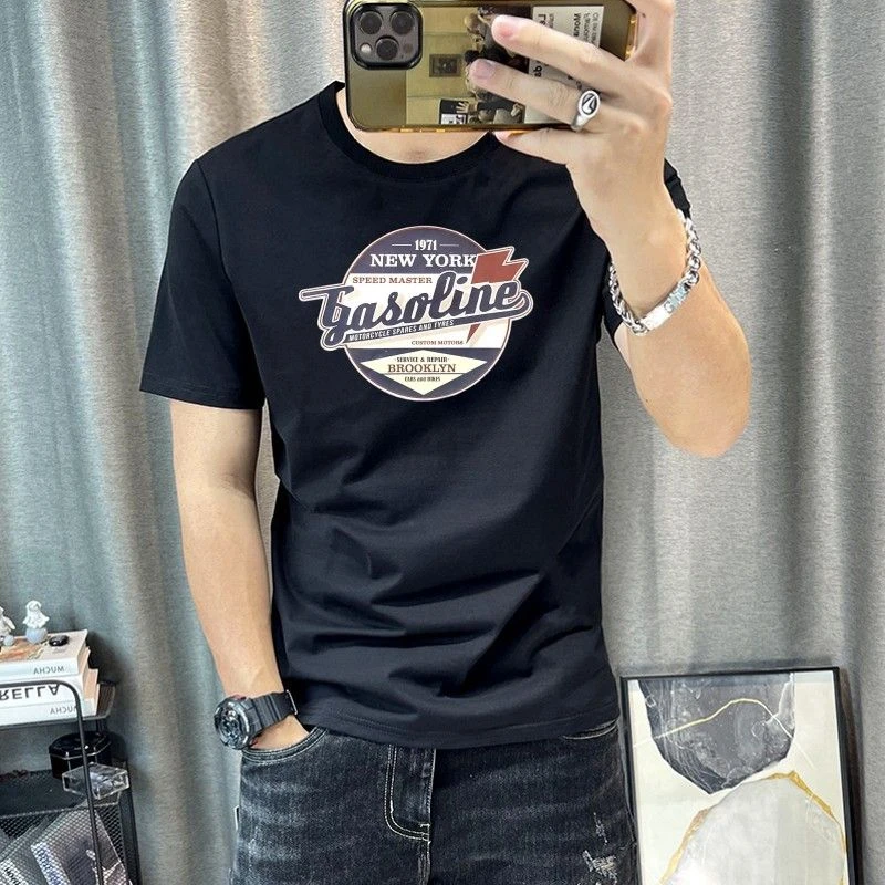 2025夏款潮流个性印花丝光棉短袖T桖韩版修身青年高档半袖t桖男潮