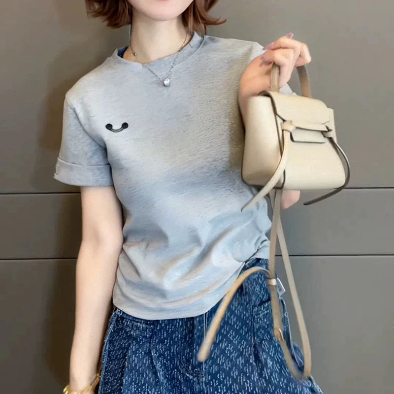 2025夏季新款复古灰色短袖T恤女装宽松显瘦小个子休闲正肩上衣潮