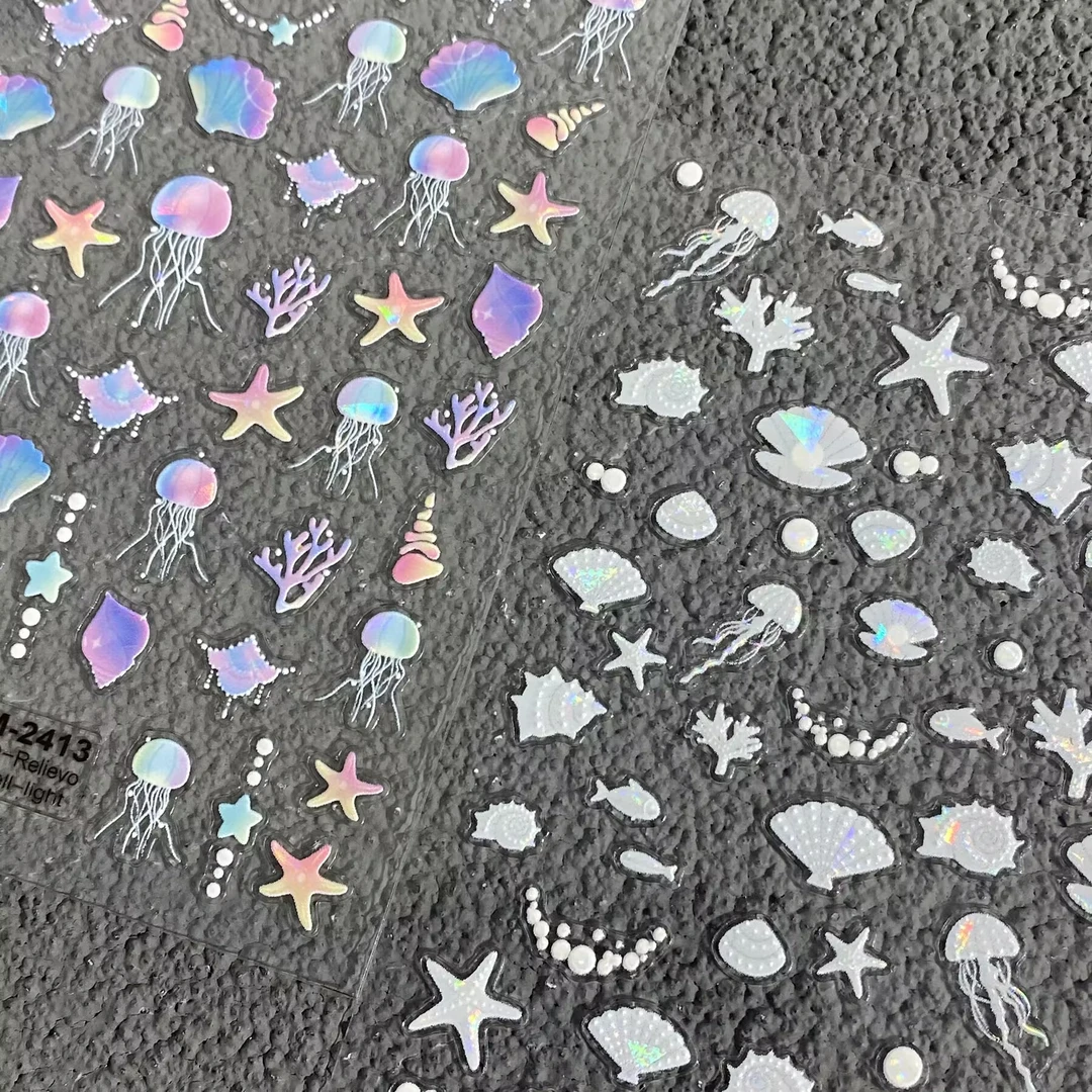 夏日海洋世界镭射水母海星贝壳立体浮雕美甲贴纸防水背胶指甲贴