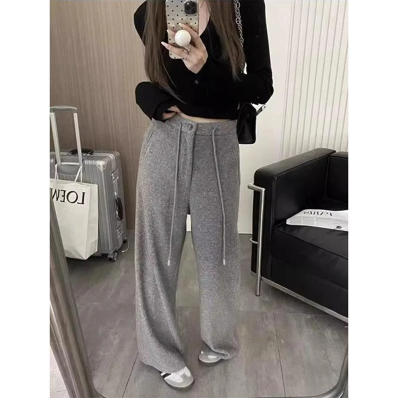 美式复古灰色抽绳休闲裤女慵懒风直筒裤宽松阔腿裤毛呢裤子