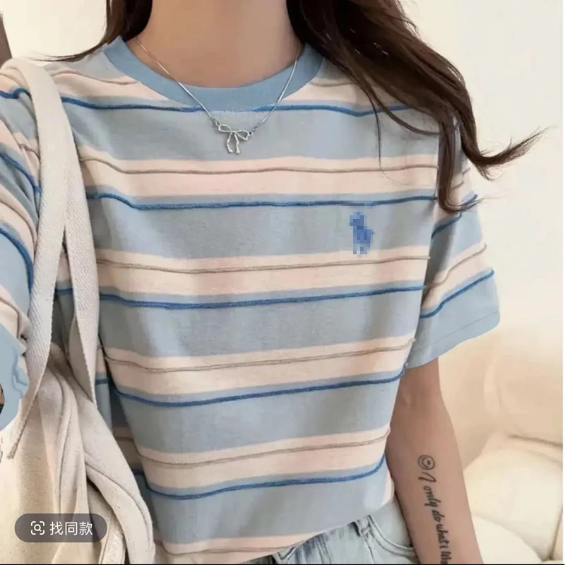 韩版时尚百搭简约撞色休闲条纹T恤宽松显瘦圆领短袖T恤
