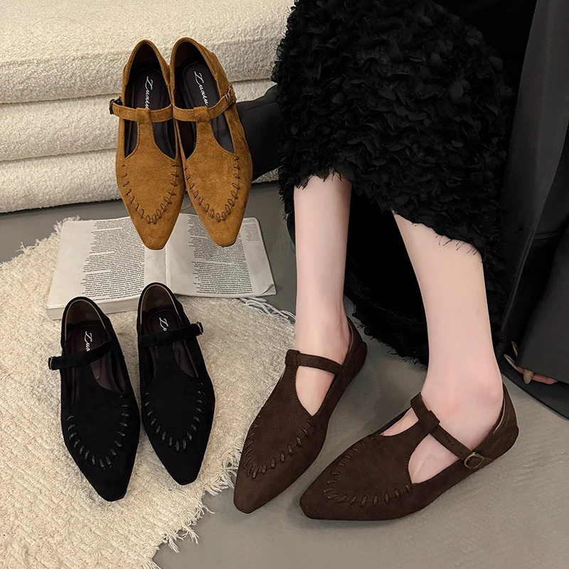 韩版时尚百搭气质爆款秋季2025年流行女单鞋缝带设计感绒面尖头鞋