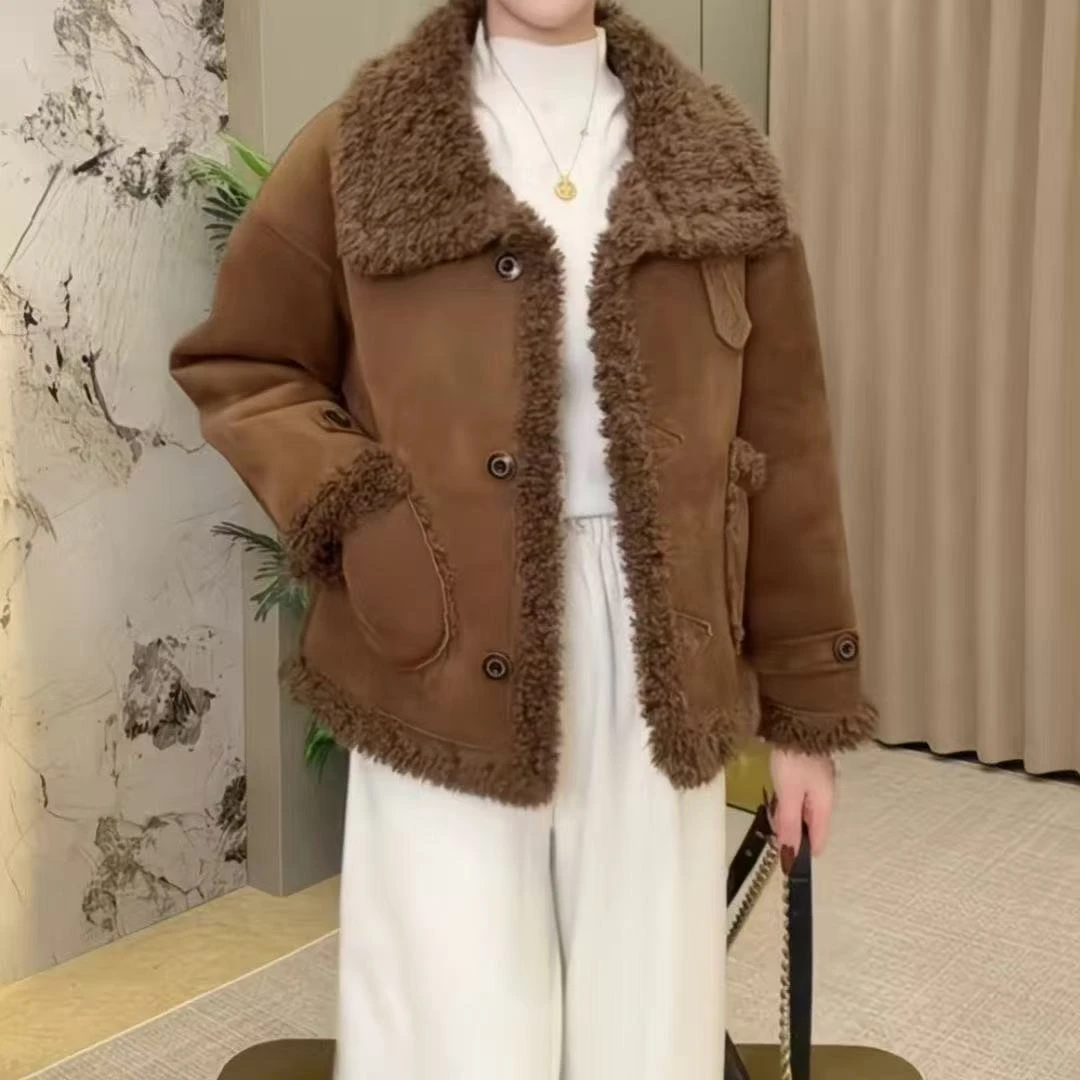 复古时尚毛毛一体外套女2025秋冬高级感休闲气质麂皮绒棉服-22560