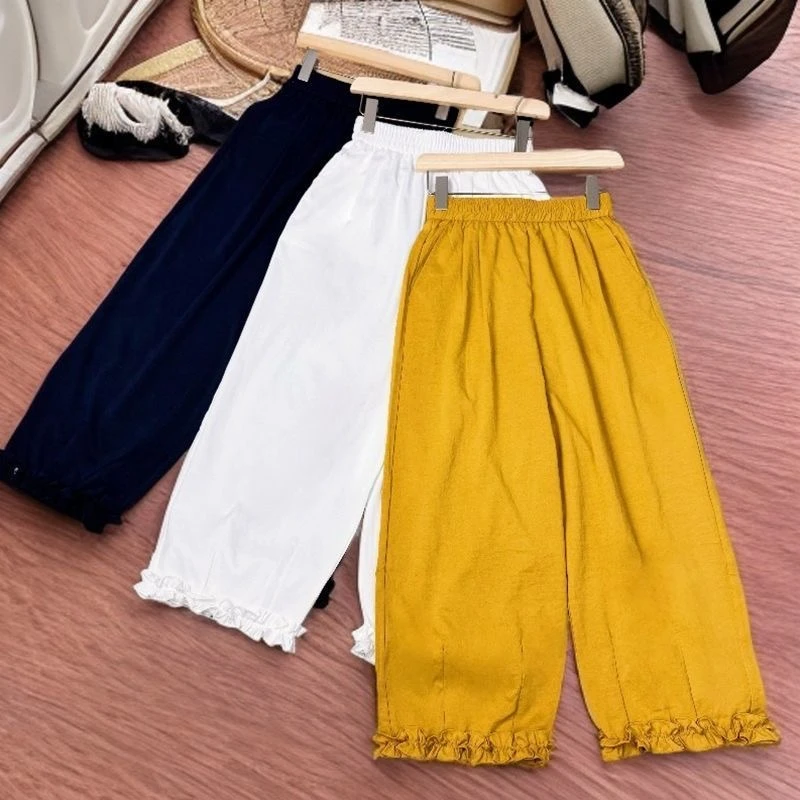 【韩系】夏季木耳花边直筒阔腿休闲裤大码休闲八分/九分薄款女裤