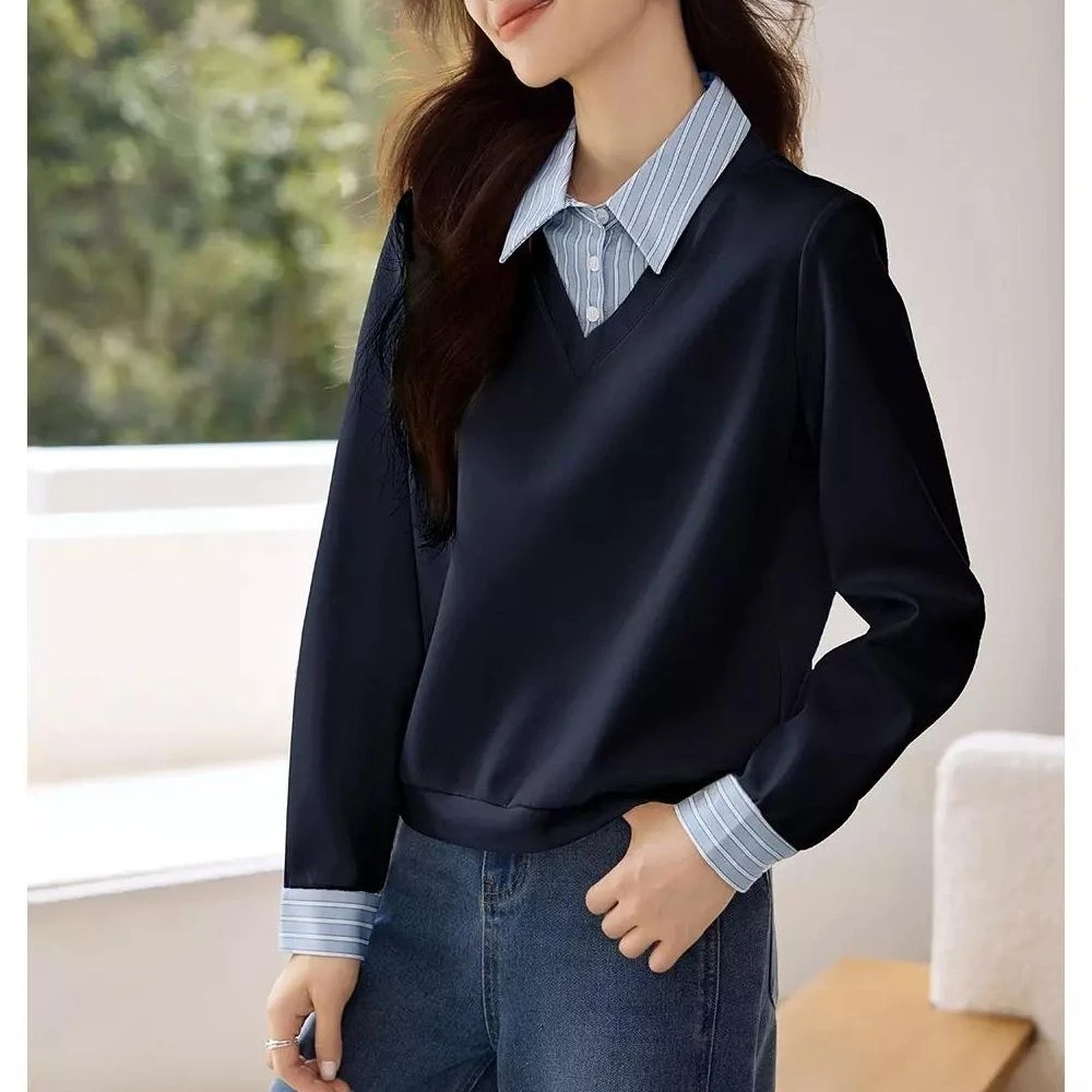 假两件条纹拼接套头卫衣2025新款休闲简约百搭显瘦春秋款长袖上衣