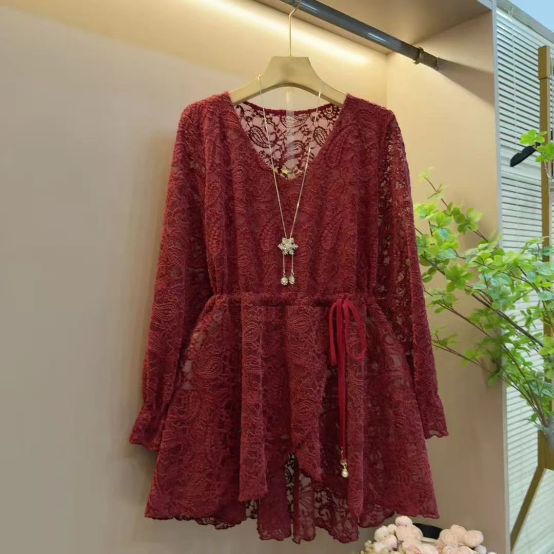 新款设计气质百搭时尚镂空纯色收腰抽绳女款长衫上衣（长71左右）