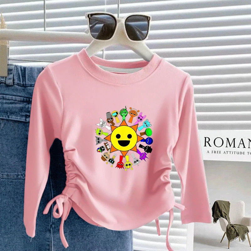 100纯棉女童长袖新中式夏季儿童T恤卡通上衣洋气印花抽绳设计上衣