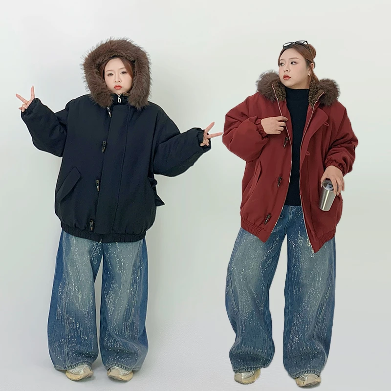 Milu家大码女装冬季韩系宽松毛领牛角扣派克棉服胖mm显瘦保暖外套