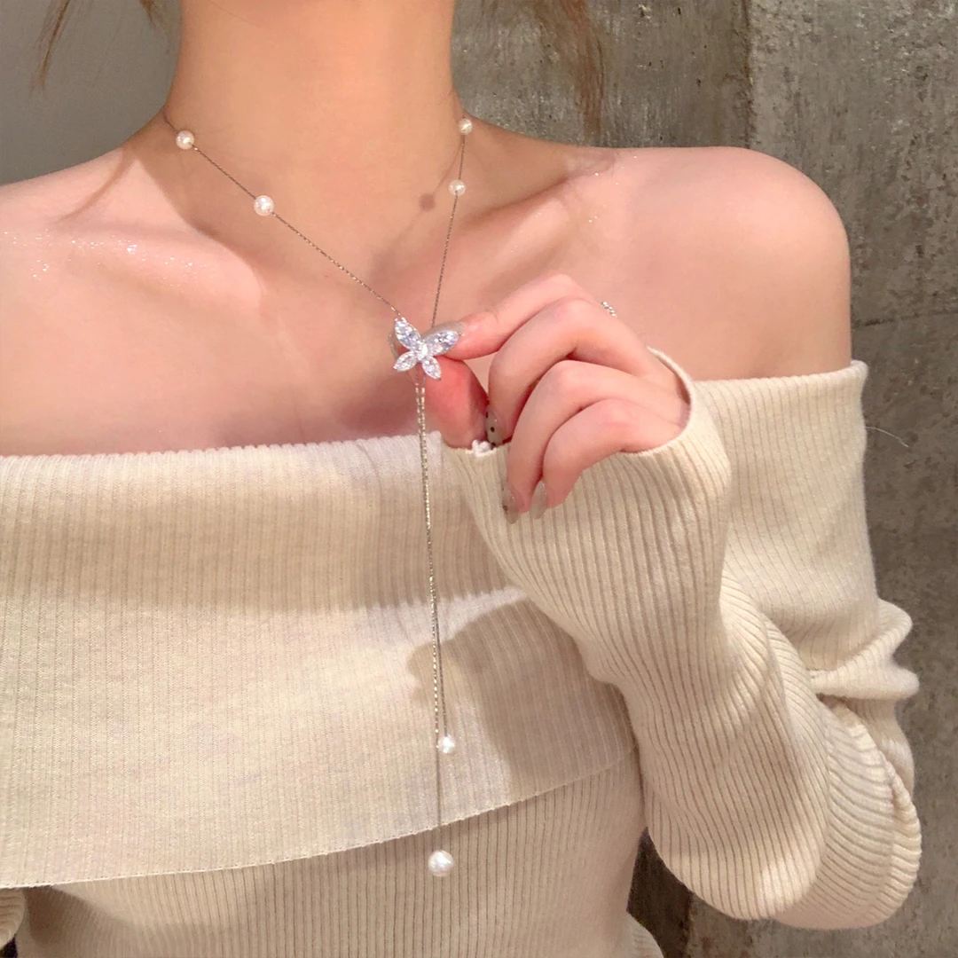 合金仿珍珠项链 韩系闪锆蝴蝶珠珠吊坠项链锁骨链颈链毛衣链配饰