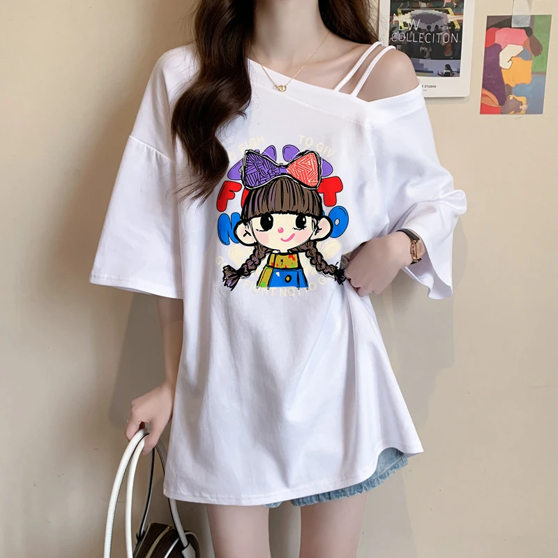 设计感卡通纯棉短袖T恤女夏季新款爆款宽松大码网红斜领休闲上衣