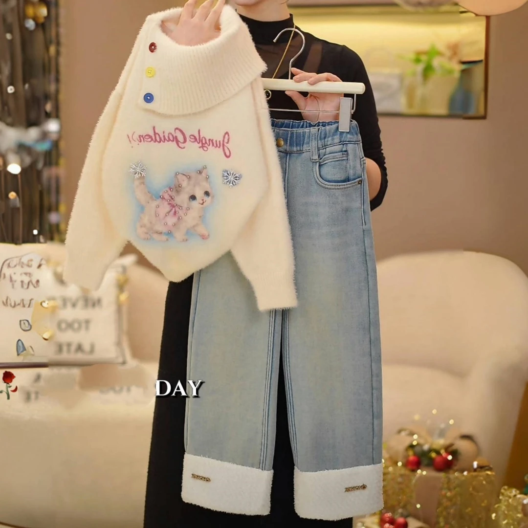女童猫咪毛衣秋冬新款女宝洋气针织衫小女孩加厚毛衣牛仔裤套装