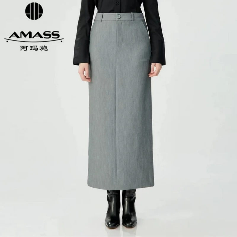 阿玛施AMASS极简风利落通勤气质直筒后开衩长裙半身裙女5200472