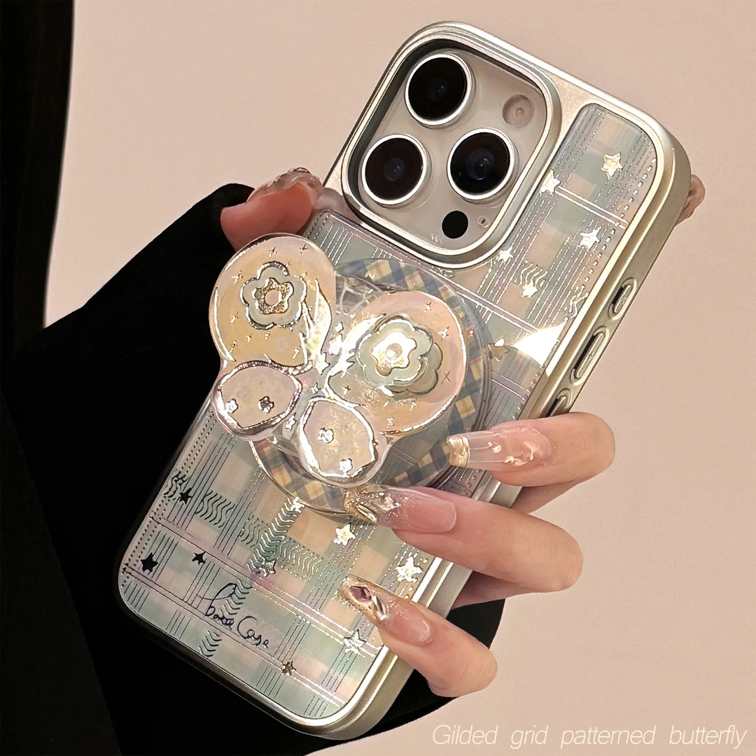 鎏金适用iphone15苹果16promax手机壳旋转蝴蝶结磁吸支架14格纹13
