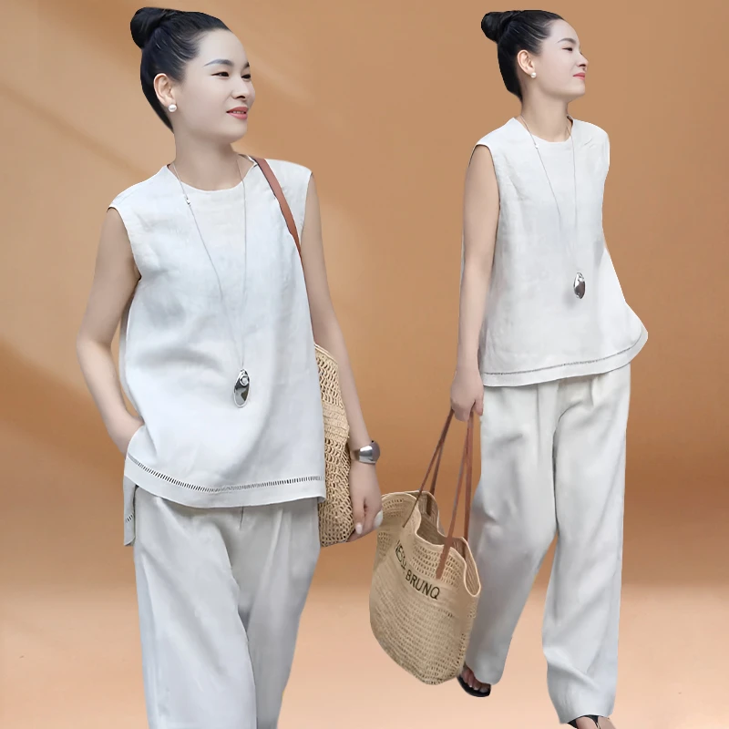 夏天穿搭配一整套装时尚无袖背心马甲女高腰显瘦阔腿裤时尚两件套