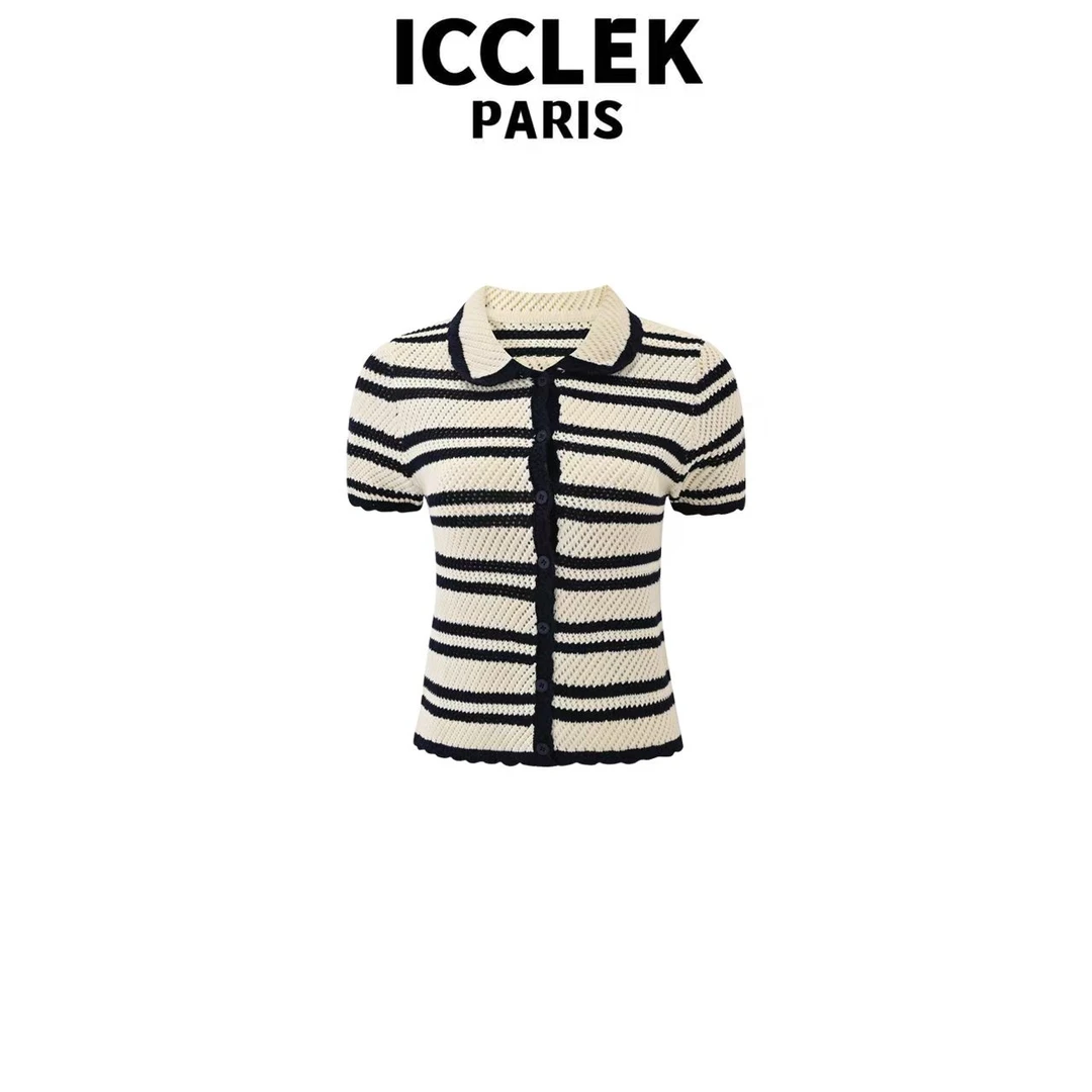 ICCLEK 黑色撞色条纹翻领针织夏季减龄气质 - 5741