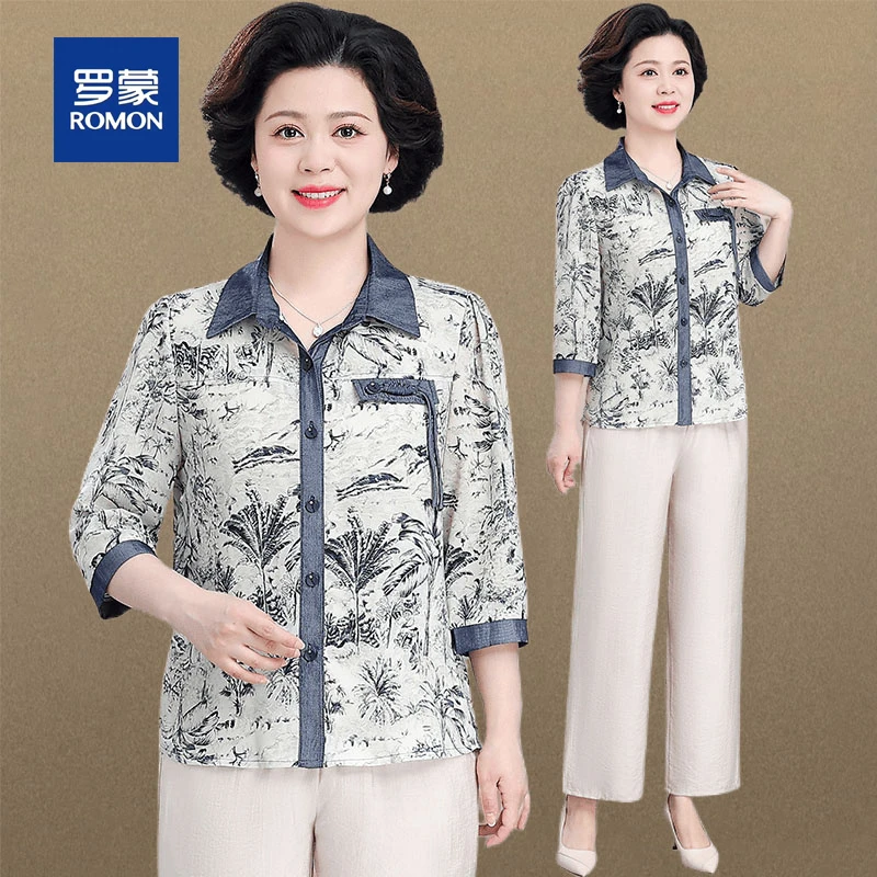 罗蒙妈妈夏季新款七分袖国风洋气衬衫中老年女时尚百搭小衫两件套