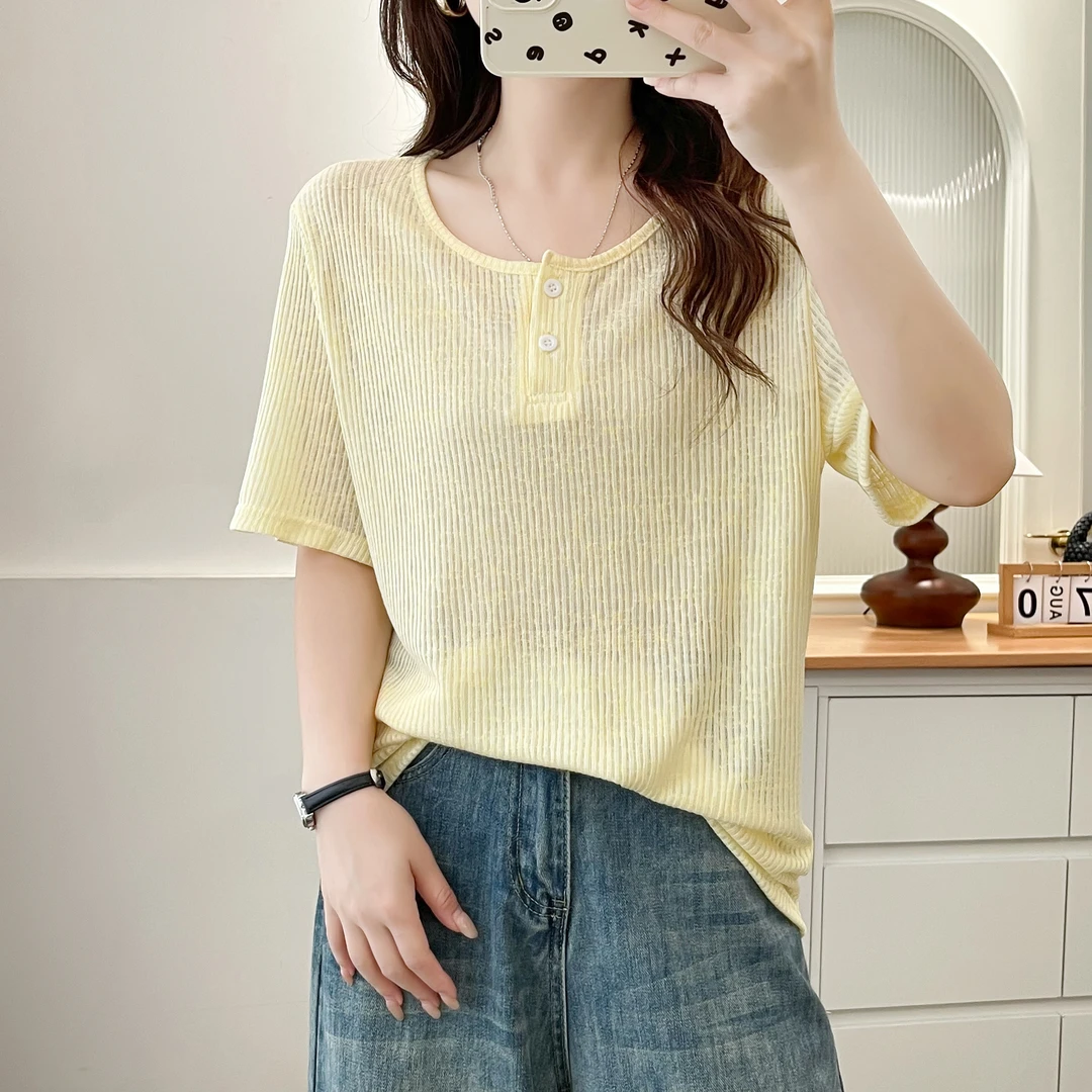 大码女装胖mm圆领针织衫正肩短袖t恤女夏季宽松薄款显瘦遮肚上衣
